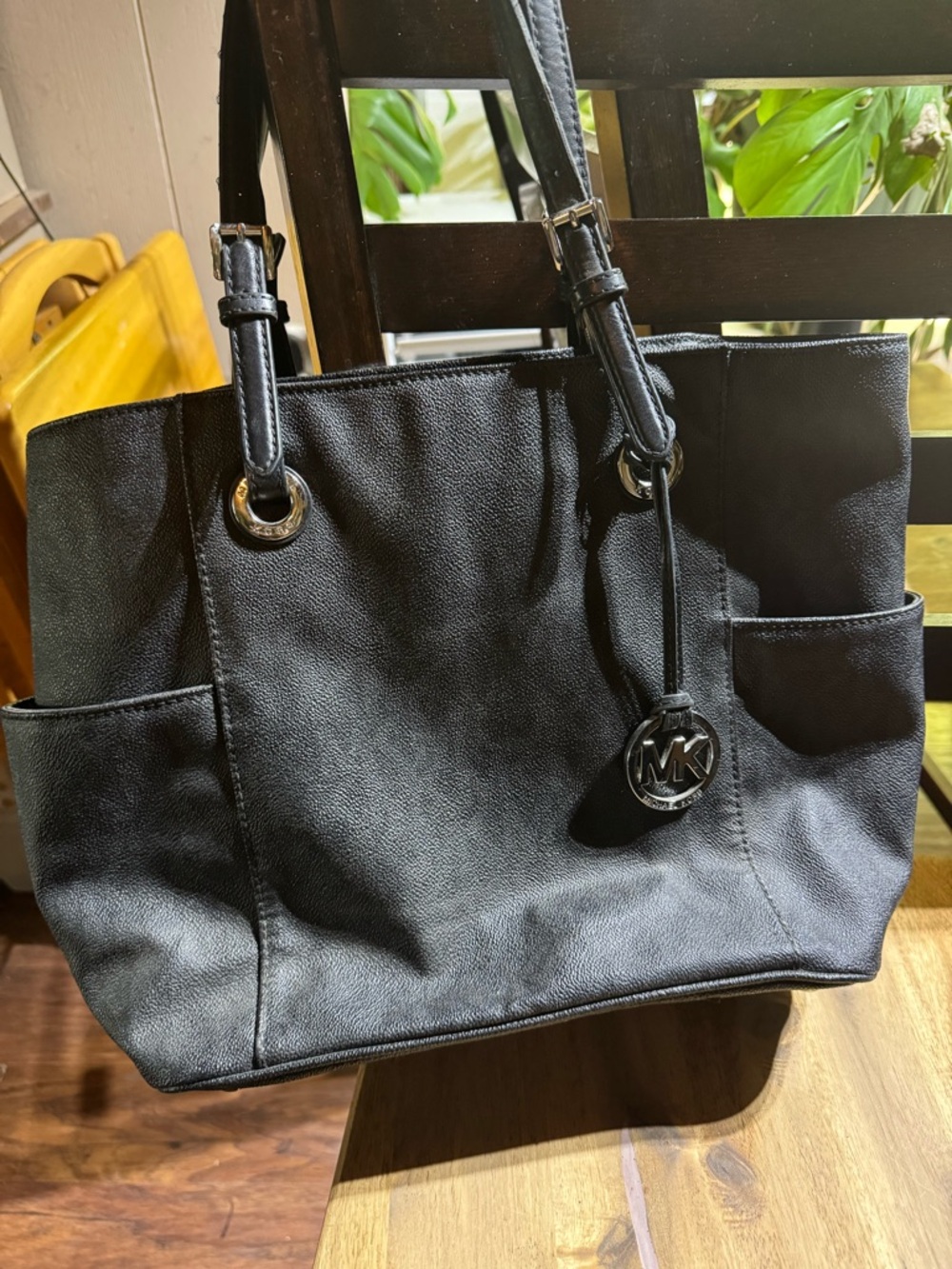 Michael Kors Black Leather Tote with MK Charm